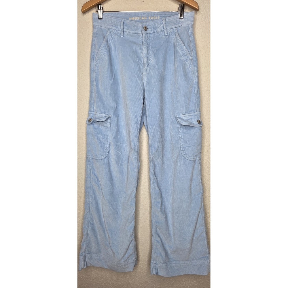 American Eagle Pants Women 6 Blue Cargo High Rise Baggy Wide Leg Corduroy Grunge